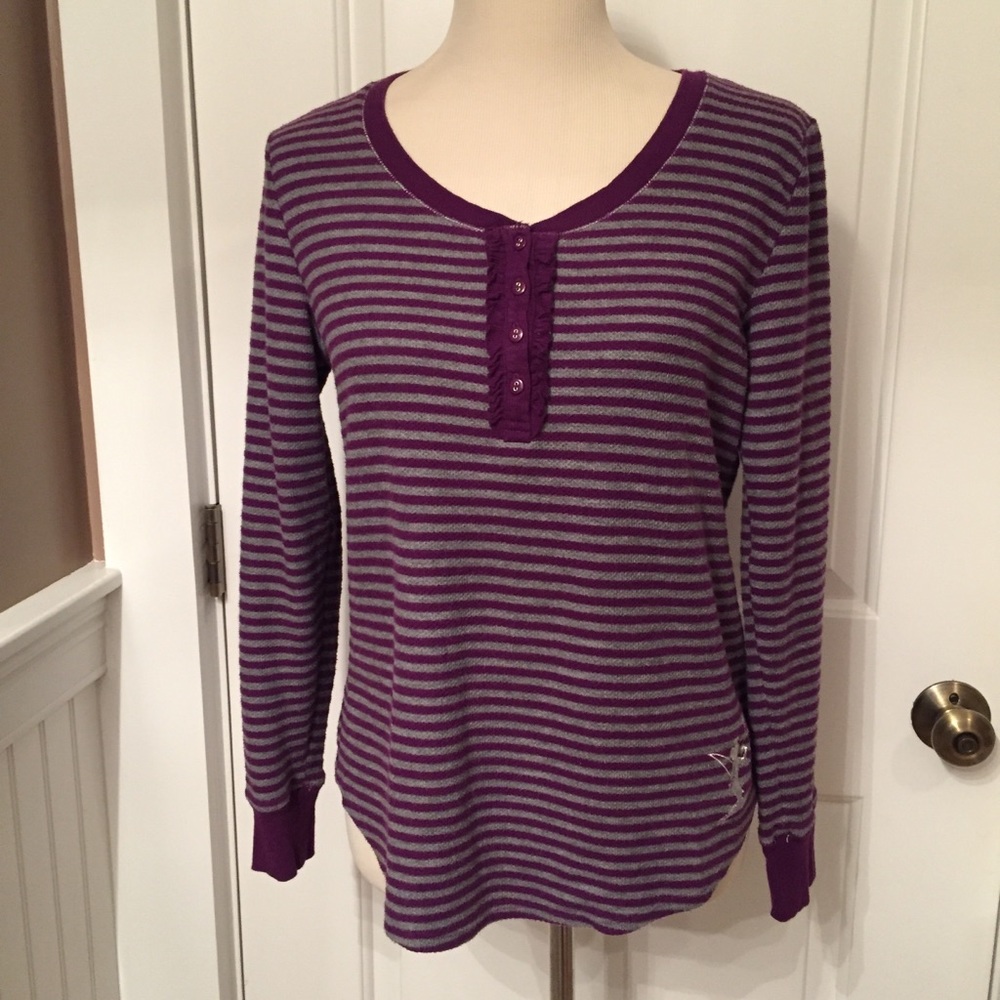 DISNEY TOP TINKERBELL TEE LONG SLEEVE PURPLE GRAY STRIPE Size L